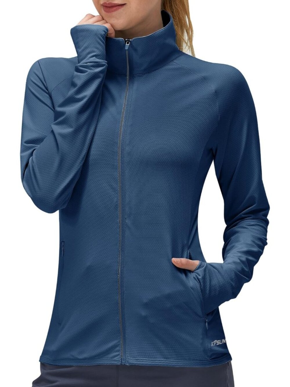 Women's Navy Long Sleeve Full ZIP High Neck Plain Hem Lightweight Sport Jacket